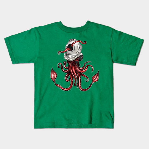 Squid with Diving Helmet Kids T-Shirt by fakeface